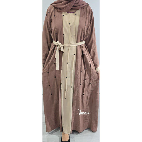 Dina Embellished contrast Abaya Brown (with scarf and belt)